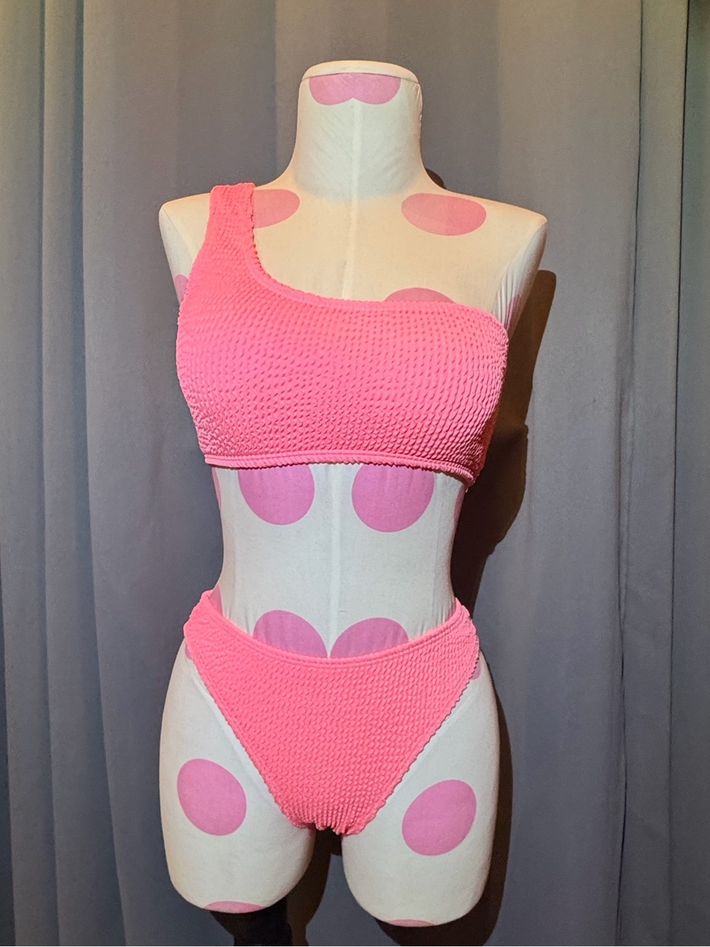 Women's One-Shoulder Pink Textured Bikini Set